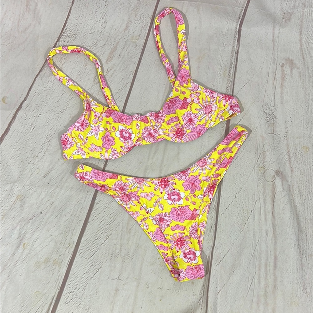 SHEIN floral bikini in vibrant pink and yellow.  Size M